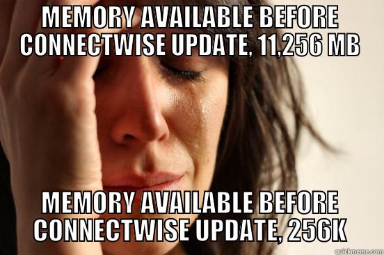 ConnectWise Upgrade Woes - MEMORY AVAILABLE BEFORE CONNECTWISE UPDATE, 11,256 MB MEMORY AVAILABLE BEFORE CONNECTWISE UPDATE, 256K First World Problems