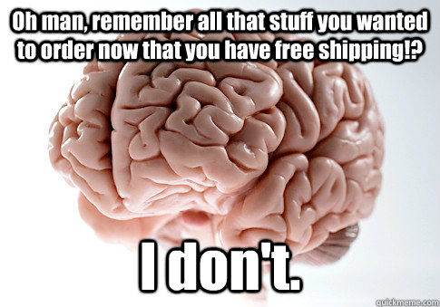 Oh man, remember all that stuff you wanted to order now that you have free shipping!? I don't.  Scumbag Brain