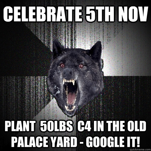 Celebrate 5th Nov plant  50lbs  c4 in the old palace yard - google it!  Insanity Wolf