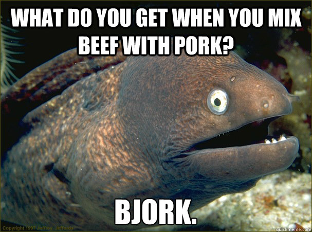 what do you get when you mix beef with pork? bjork. - what do you get when you mix beef with pork? bjork.  Bad Joke Eel