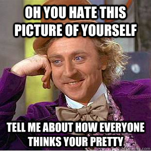 oh you hate this picture of yourself tell me about how everyone thinks your pretty  Condescending Wonka