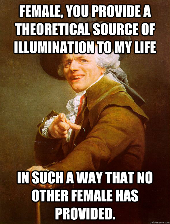 Female, you provide a theoretical source of illumination to my life in such a way that no other female has provided.  Joseph Ducreux