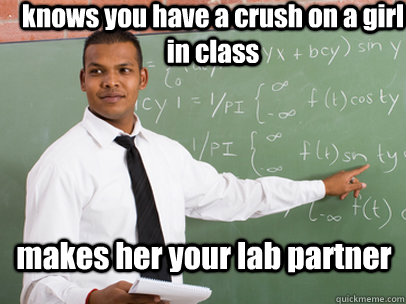 knows you have a crush on a girl in class makes her your lab partner  Good Guy Teacher