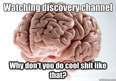 Watching discovery channel
 Why don't you do cool shit like that?   Scumbag Brain