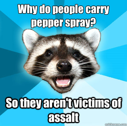 Why do people carry pepper spray?
 So they aren't victims of assalt  Lame Pun Coon