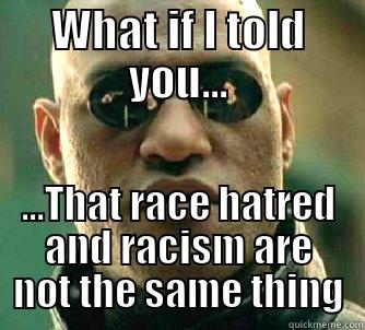 WHAT IF I TOLD YOU... ...THAT RACE HATRED AND RACISM ARE NOT THE SAME THING Matrix Morpheus