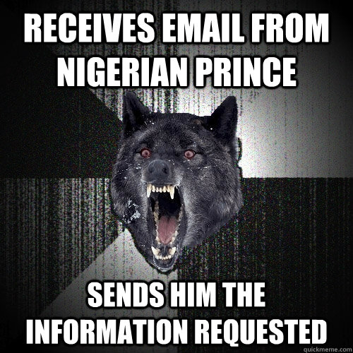 receives email from nigerian prince sends him the information requested  Insanity Wolf