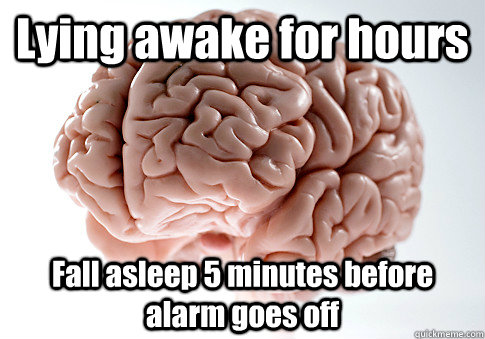 Lying awake for hours Fall asleep 5 minutes before alarm goes off   Scumbag Brain