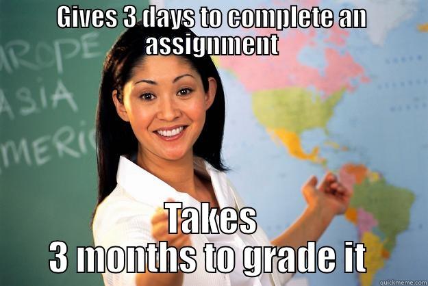 GIVES 3 DAYS TO COMPLETE AN ASSIGNMENT TAKES 3 MONTHS TO GRADE IT  Unhelpful High School Teacher