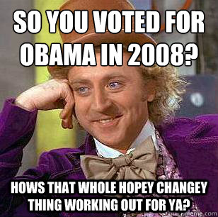 So you voted for obama in 2008? Hows that whole hopey changey thing working out for ya?  Condescending Wonka