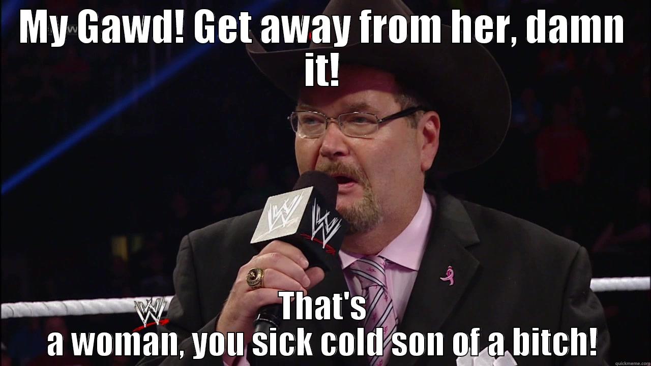 Jim Ross By Gawd! - MY GAWD! GET AWAY FROM HER, DAMN IT! THAT'S A WOMAN, YOU SICK COLD SON OF A BITCH! Misc