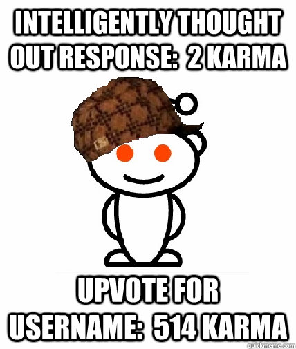 Intelligently thought out response:  2 Karma Upvote for username:  514 Karma  Scumbag Reddit