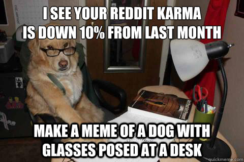 I see your reddit karma
is down 10% from last month make a meme of a dog with glasses posed at a desk  Financial Advice Dog