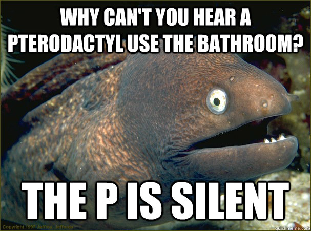 Why can't you hear a pterodactyl use the bathroom? The P is silent  Bad Joke Eel