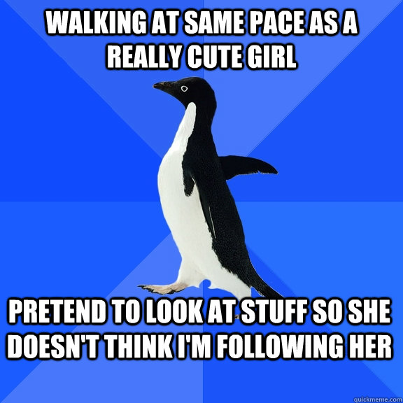 walking at same pace as a really cute girl pretend to look at stuff so she doesn't think i'm following her  Socially Awkward Penguin