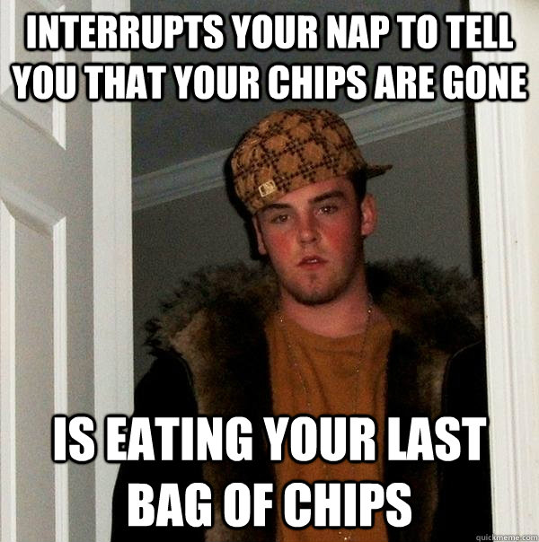 interrupts your nap to tell you that your chips are gone is eating your last bag of chips  Scumbag Steve