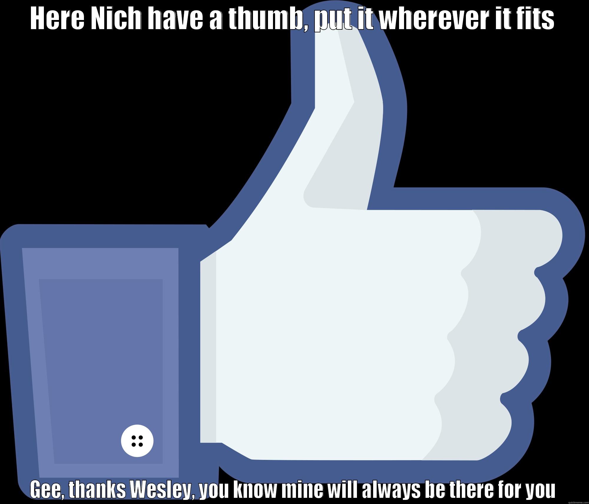 HERE NICH HAVE A THUMB, PUT IT WHEREVER IT FITS GEE, THANKS WESLEY, YOU KNOW MINE WILL ALWAYS BE THERE FOR YOU Misc