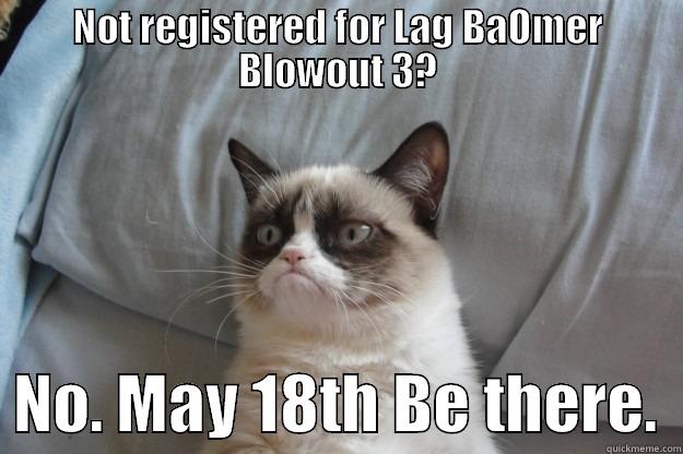 NOT REGISTERED FOR LAG BAOMER BLOWOUT 3?   NO. MAY 18TH BE THERE.  Grumpy Cat