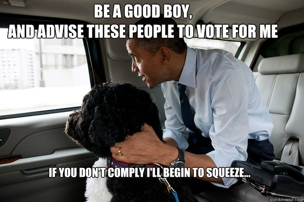 Be a good boy, 
and Advise these people to vote for me If you don't comply I'll begin to squeeze...  