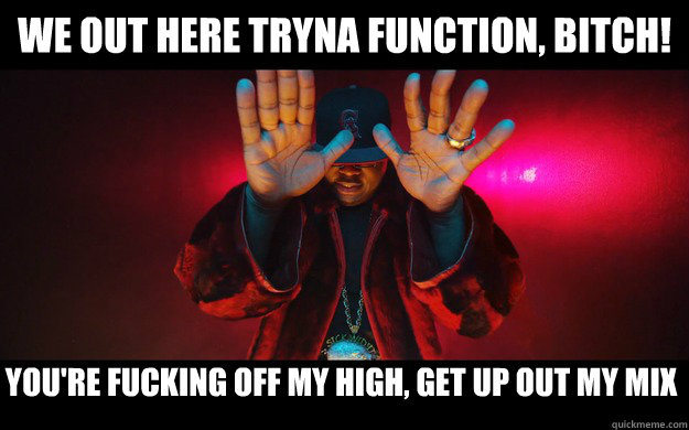 We out here tryna function, bitch! You're fucking off my high, get up out my mix
  - We out here tryna function, bitch! You're fucking off my high, get up out my mix
   E-40 Personal