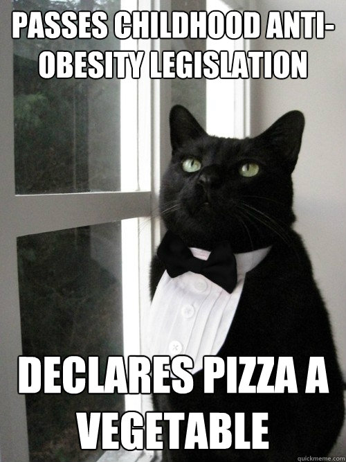 Passes Childhood anti-obesity legislation  Declares Pizza a vegetable  One Percent Cat