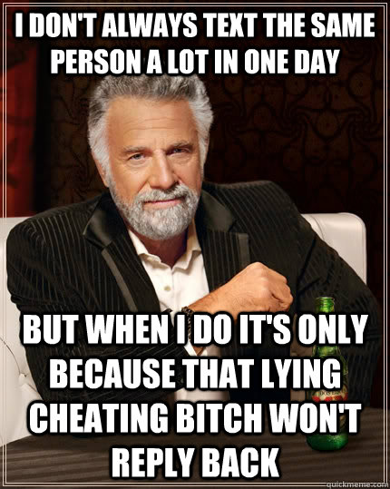 i don't always text the same person a lot in one day but when i do it's only because that lying cheating bitch won't reply back Caption 3 goes here - i don't always text the same person a lot in one day but when i do it's only because that lying cheating bitch won't reply back Caption 3 goes here  The Most Interesting Man In The World