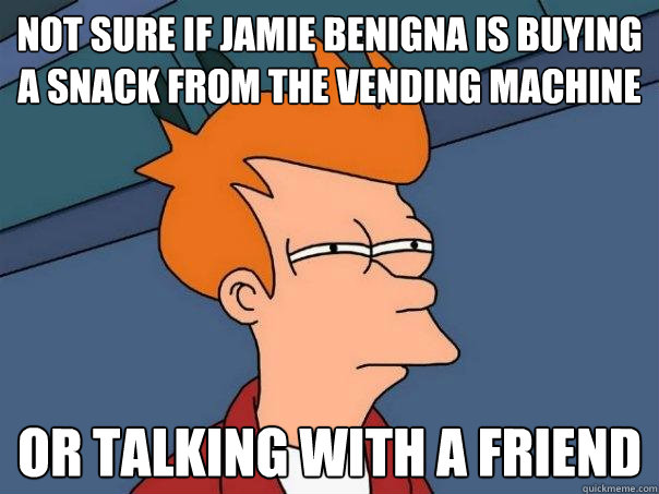 Not sure if Jamie Benigna is buying a snack from the vending machine Or talking with a friend  Futurama Fry