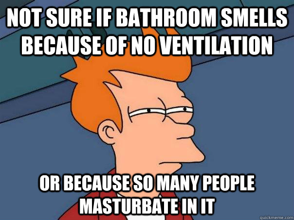 Not sure if bathroom smells because of no ventilation or because so many people masturbate in it  Futurama Fry