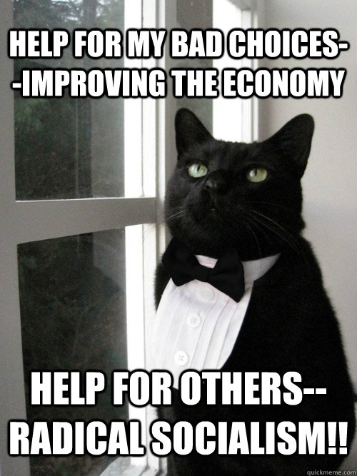 Help for my bad choices--improving the economy Help for others--radical socialism!!  One Percent Cat