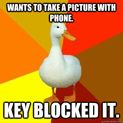 Wants to take a picture with phone. Key blocked it.  Tech Impaired Duck