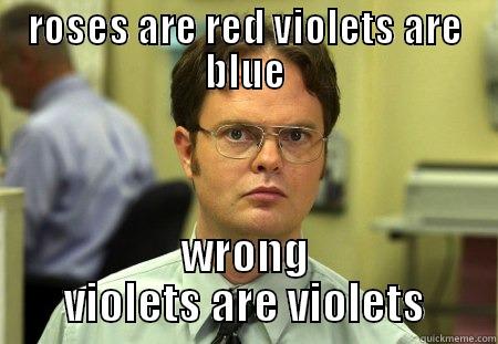 ROSES ARE RED VIOLETS ARE BLUE WRONG VIOLETS ARE VIOLETS Schrute