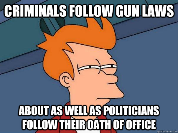 Criminals follow gun laws about as well as politicians follow their oath of office - Criminals follow gun laws about as well as politicians follow their oath of office  Futurama Fry