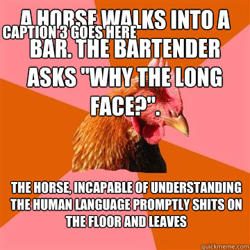 A horse walks into a bar. The bartender asks 