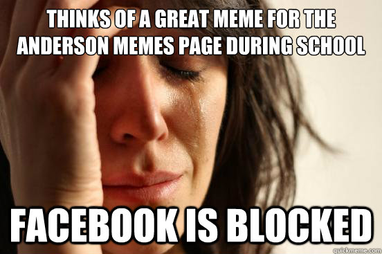 Thinks of a great meme for the Anderson memes page during school Facebook is blocked  First World Problems