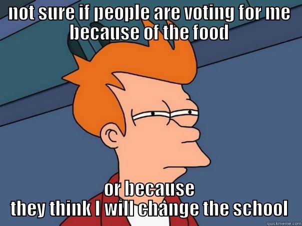 NOT SURE IF PEOPLE ARE VOTING FOR ME BECAUSE OF THE FOOD OR BECAUSE THEY THINK I WILL CHANGE THE SCHOOL Futurama Fry