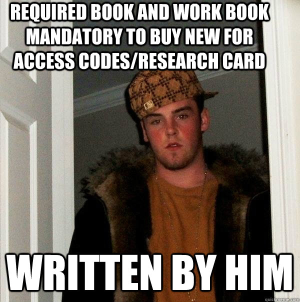 Required book and work book mandatory to buy new for access codes/research card Written by him  Scumbag Steve