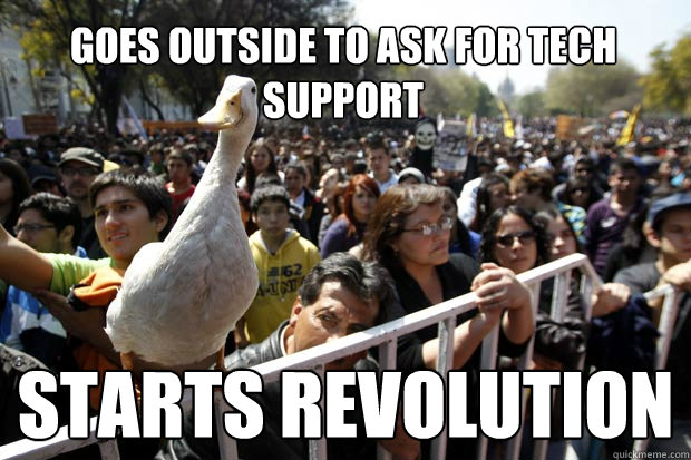 Goes Outside to ask for tech support Starts Revolution  Tech Impaired Duck