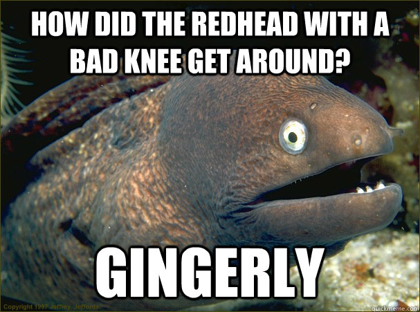 How did the redhead with a bad knee get around? Gingerly - How did the redhead with a bad knee get around? Gingerly  Bad Joke Eel