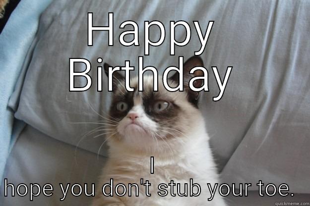 HAPPY BIRTHDAY I HOPE YOU DON'T STUB YOUR TOE.  Grumpy Cat