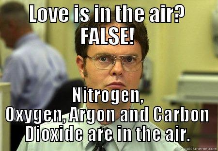 LOVE is ........ FALSE - LOVE IS IN THE AIR? FALSE! NITROGEN, OXYGEN, ARGON AND CARBON DIOXIDE ARE IN THE AIR. Schrute