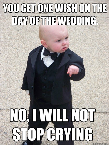 You get one wish on the day of the wedding. No, I will not stop crying  Baby Godfather