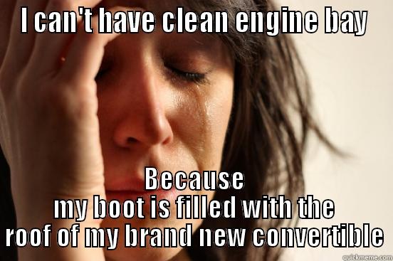 I CAN'T HAVE CLEAN ENGINE BAY BECAUSE MY BOOT IS FILLED WITH THE ROOF OF MY BRAND NEW CONVERTIBLE First World Problems