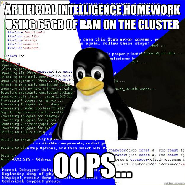 Artificial Intelligence Homework using 65GB of RAM on the cluster oops...  Computer Science Penguin