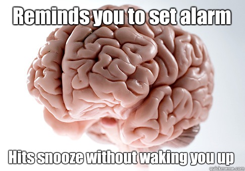 Reminds you to set alarm  Hits snooze without waking you up  - Reminds you to set alarm  Hits snooze without waking you up   Scumbag Brain