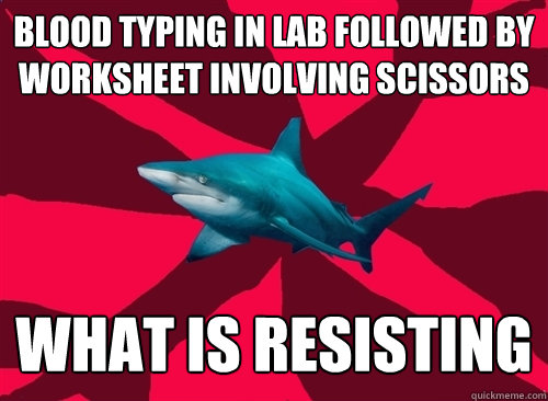 Blood typing in Lab followed by worksheet involving scissors WHAT IS RESISTING  Self-Injury Shark