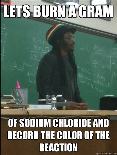 Lets burn a gram of sodium chloride and record the color of the reaction - Lets burn a gram of sodium chloride and record the color of the reaction  Rasta Science Teacher