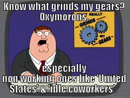 KNOW WHAT GRINDS MY GEARS? OXYMORONS, ESPECIALLY NON WORKING ONES LIKE 'UNITED STATES' & 'IDLE COWORKERS'.  Grinds my gears