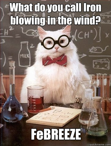 What do you call Iron blowing in the wind? FeBREEZE  Chemistry Cat