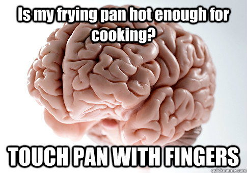 Is my frying pan hot enough for cooking? TOUCH PAN WITH FINGERS   Scumbag Brain