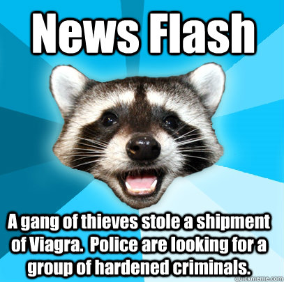 News Flash A gang of thieves stole a shipment of Viagra.  Police are looking for a group of hardened criminals.  Lame Pun Coon